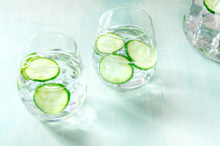 Cucumber drink with ice on a rustic blue tableの写真素材