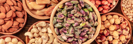 Nuts panorama. Healthy vegan snacks, overhead flat layの写真素材