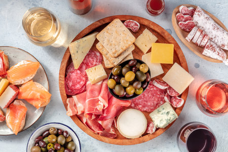 Charcuterie and cheese board with wine, overhead flat lay shot. Italian antipasti or Spanish tapas, shot from above with olives and salmon sanwiches. Mediterranean gourmet foodの写真素材
