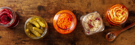 Fermented food panorama, shot from the top. Canned vegetables. Pickles, sauerkraut and other marinated preserves in glass jars. Healthy vegan cooking panoramic bannerの写真素材