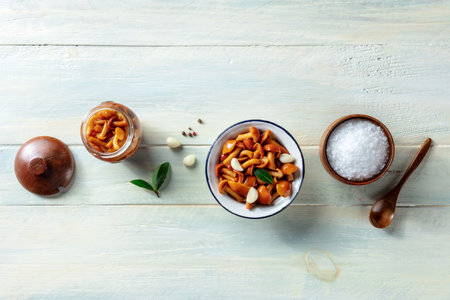 Pickled mushrooms in a jar, with salt, pepper, garlic, and a bay leaf, overhead flat lay shot on a rustic wooden background with copy spaceの写真素材