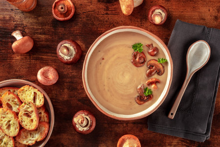 Mushroom cream soup with various mushrooms and toasted bread, overhead flat lay shot on a dark rustic wooden backgroundの写真素材