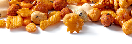 Japanese rice crackers panorama. Asian snack on a white background with copy space