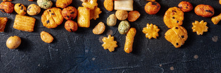 Japanese rice crackers on a black background, panorama, overhead flat lay shot with copy space
