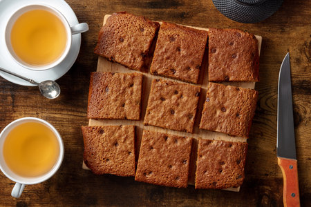 Blondie brownie dessert bars with chocolate chips, overhead flat lay shot with cups of tea and a knife on a dark rustic wooden backgroundの写真素材