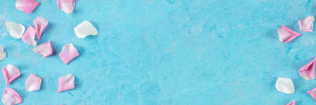 Floral panorama with rose petals on a blue background, overhead flat lay panoramic banner, a wedding invitation design templateの写真素材