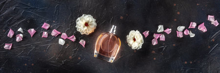 Rose fragrance panorama. Floral perfume spray bottle, top flat lay composition with flowers and...