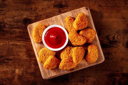 Chicken nuggets with ketchup sauce on a rustic wooden background, overhead flat lay shot. A crispy meat snack at a restaurant, a fast food dishの写真素材