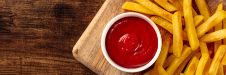 French fries panorama, potato snack with ketchup, fast food on a wooden table, overhead flat lay shot for a menu, with copy spaceの写真素材