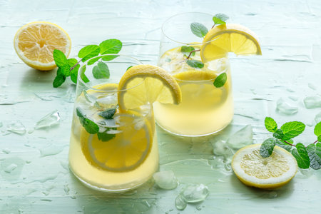 Lemonade with mint. Lemon water drink with ice. Two glasses and lemons on a blue background. Detox beverage. Fresh homemade cocktailの写真素材