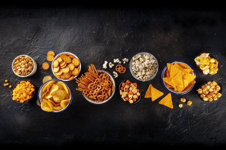 Salty snacks, party mix. An assortment of crispy appetizers, shot from above on a black background with copy space. Potato and tortilla chips, crackers, popcorn etcの写真素材