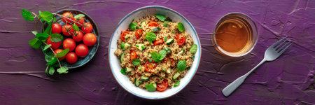 Quinoa tabbouleh salad in a bowl panorama, a healthy dinner with tomatoes and mint, overhead flat lay shot with a drink on a purple backgroundの写真素材