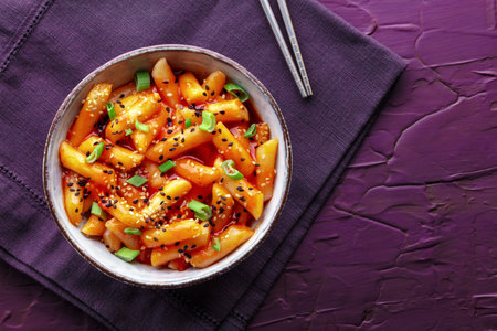 Tteokbokki or topokki, Korean street food, spicy rice cakes in red pepper gochujang sauce, shot from the top with a place for textの写真素材