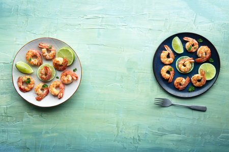 Shrimps, overhead flat lay shot with copy space. Cooked shrimp with lime, two plates, shot from the top on a teal blue backgroundの写真素材