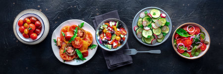 Fresh vegetarian salads panorama, overhead flat lay shot of an assortment. Variety of plates and bowls with green vegetables. Healthy food, top shotの写真素材