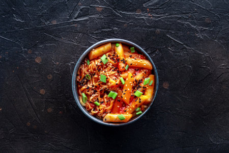 Rabokki, tteokbokki or topokki with ramen, Korean street food, spicy rice cakes in red pepper gochujang sauce, overhead flat lay shotの写真素材