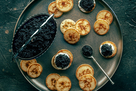 Blinis with caviar, overhead flat lay shot on a festive dish, mini pancakes, an elegant appetizerの写真素材
