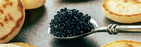 Silver spoon with caviar closeup with blinis panorama, an elegant festive appetizer, luxury foodの写真素材