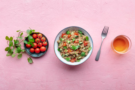 Quinoa tabbouleh salad in a bowl, a healthy dinner with tomatoes and mint, with a drink, overhead flat lay shot on a pink backgroundの写真素材