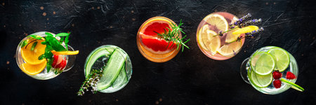Fancy cocktails with fresh fruit panorama. Gin and tonic drinks with ice at a party, on a black...