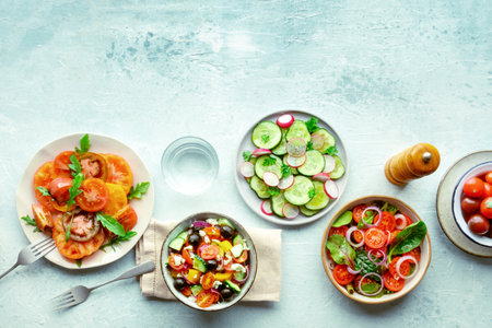 Fresh vegetarian salads, overhead flat lay shot of an assortment. Variety of plates and bowls with green vegetables. Healthy food, with copy spaceの写真素材