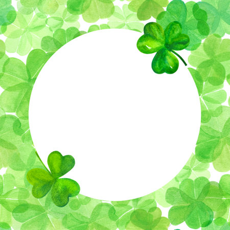 Happy St Patricks Day frame design with green watercolor shamrocks and a four leaf clover, with copy spaceの写真素材