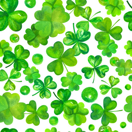 Seamless watercolor pattern for St Patricks day, green Irish shamrocks and clovers, abstract wallpaper, hand drawn, on a white backgroundの写真素材