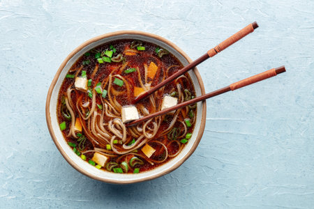Tofu soup, miso soup with bean curd and green onions, with buckwheat soba, and chopsticks, overhead flat lay shotの写真素材