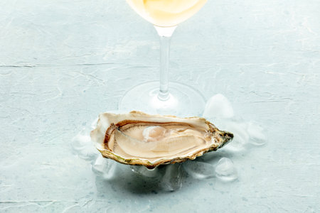 Fresh raw oyster with a glass of wine, on ice, on a slate background, with copy spaceの写真素材