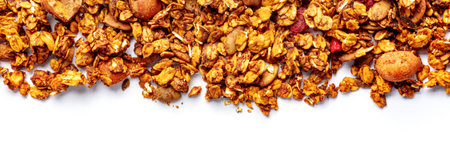 Granola panorama on a white background, with copy space. Organic gourmet muesli, overhead flat lay...