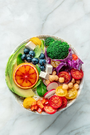 Buddha Bowl. Rainbow salad. Vegan poke bowl with avocado. Healthy food. Organic ingredients, top shotの写真素材