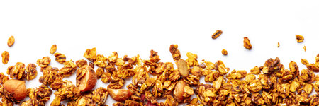 Granola panorama on a white background, with copy space. Organic gourmet muesli, shot from the topの写真素材