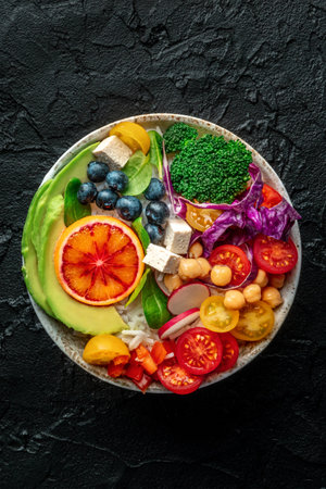 Buddha Bowl. Rainbow salad. Vegan poke bowl with avocado. Healthy food. Top shot on a black stone backgroundの写真素材