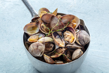 Vongole clams in a saucepan with thyme. Seafood sauce, Mediterranean cuisineの写真素材