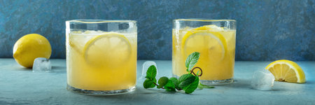 Glasses of lemonade with mint panorama, a mocktail with lemon juice, on a blue background, summer cold beverage, side view, panoramic headerの写真素材