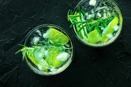Gin tonic, top shot with rosemary and lime. Fresh summer cocktail with ice, on a black backgroundの写真素材