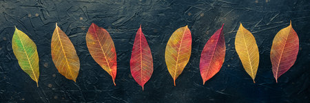 Autumn leaves banner. Skeleton leaves on a black texture. Fall panoramic banner