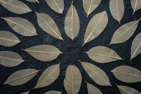 Autumn leaves frame on a black background. Skeleton leaves with copy space. Fall bannerの写真素材