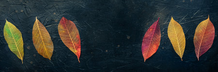 Autumn leaves banner with copy space. Skeleton leaves on a black texture. Fall panoramic bannerの写真素材