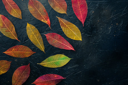 Autumn leaves background. Skeleton leaves pattern on a black texture, with a place for text. Fall bannerの写真素材