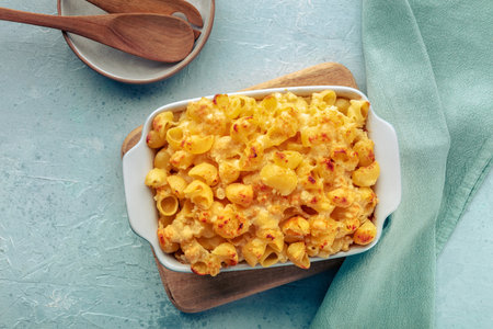 Mac and Cheese, macaroni pasta, oven-baked in a casserole with cream, homemade American dish, overhead flat lay shotの写真素材