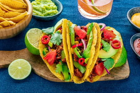 Tacos with meat and vegetables, with nachos, Mexican food, on a wooden board, on a vibrant blue backgroundの写真素材