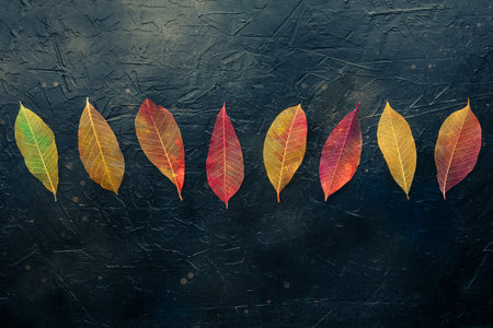 Autumn leaves background. Skeleton leaves in vibrant colors on a black texture, with copy space....