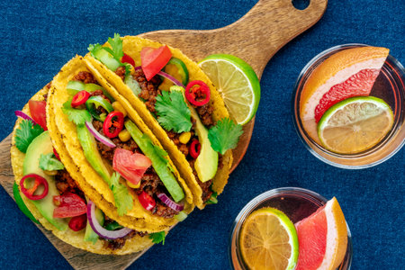 Beef tacos and Paloma cocktails, Mexican food, overhead flat lay shot on a vibrant blue background, with limesの写真素材