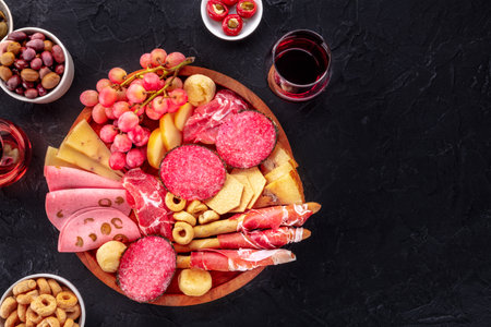 Italian Antipasti. Charcuterie platter with cheese and other snacks, with wine, overhead flat lay shot with copy spaceの写真素材