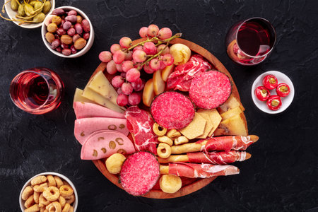Italian Antipasti. Charcuterie platter with cheese and other snacks, with wine, overhead flat lay shot on a black slate backgroundの写真素材
