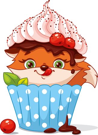 Cute fox hiding in cupcakeのイラスト素材