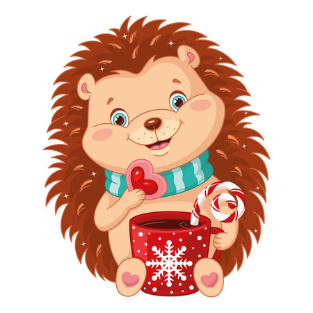 Hedgehog with cup of tea and sweets on white backgroundのイラスト素材