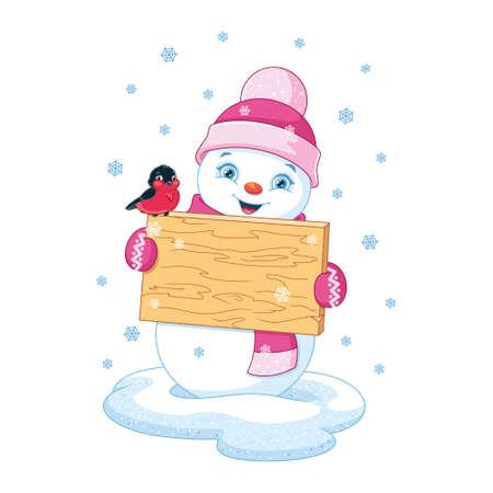 Cute snowman holds wooden sign on white backgroundのイラスト素材