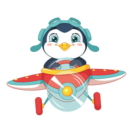 Baby penguin flying on a plane. Cartoon vector illustrationのイラスト素材